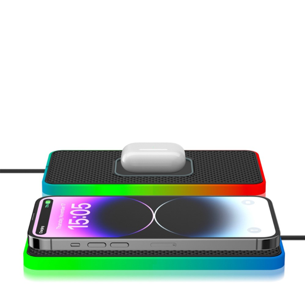 (15W) 15W USB A Qi Wireless Charging Ladegerät Auto Anti Rutsch Ladematte mit LED Beleuchtung - Schwarz