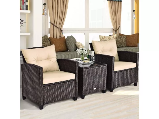Salon de Jardin en Rotin et fibre naturelle - 3 Pièces - Charge 180KG - 2 Fauteuils et Table Basse avec Plateau en Verre Trempé – Marron