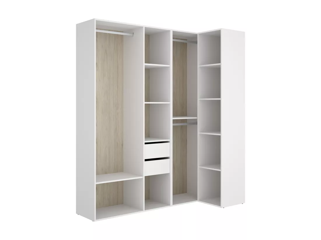 Ensemble dressing d'angle avec 2 tiroirs et fond d'arrière réversible coloris chêne naturel, blanc - Longueur 1825 x Profondeur 79 x Hauteur 205 cm