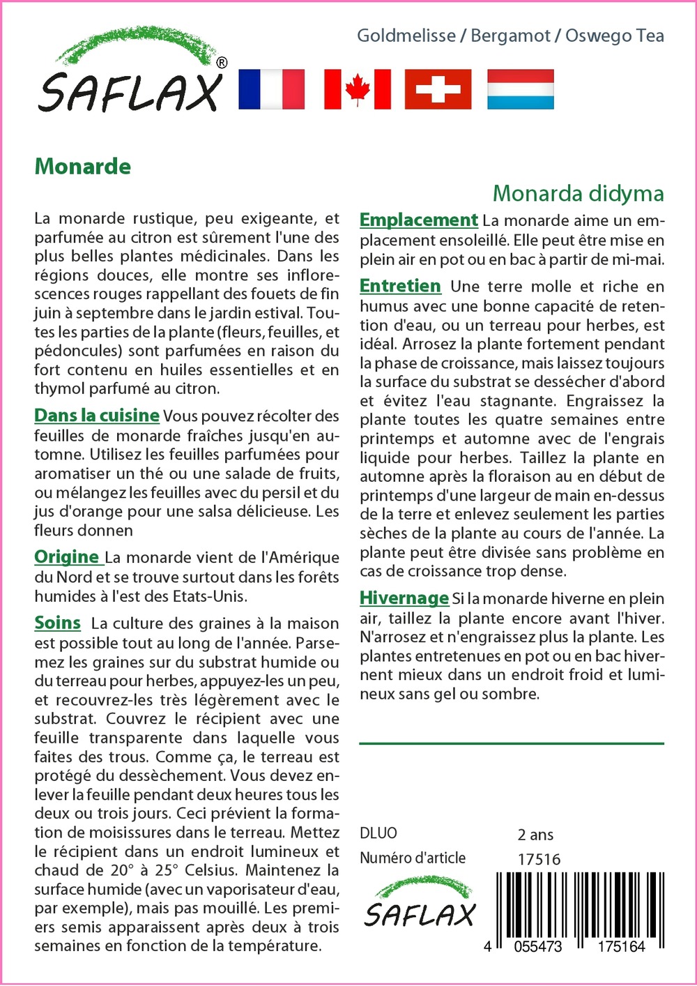 Kit cadeau - monarde - 20 graines - monarda didyma