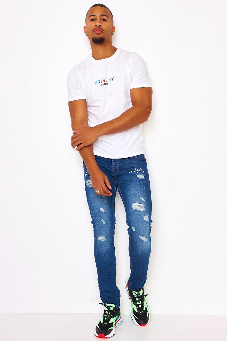 T-shirt blanc broderie Brentiny multicolore