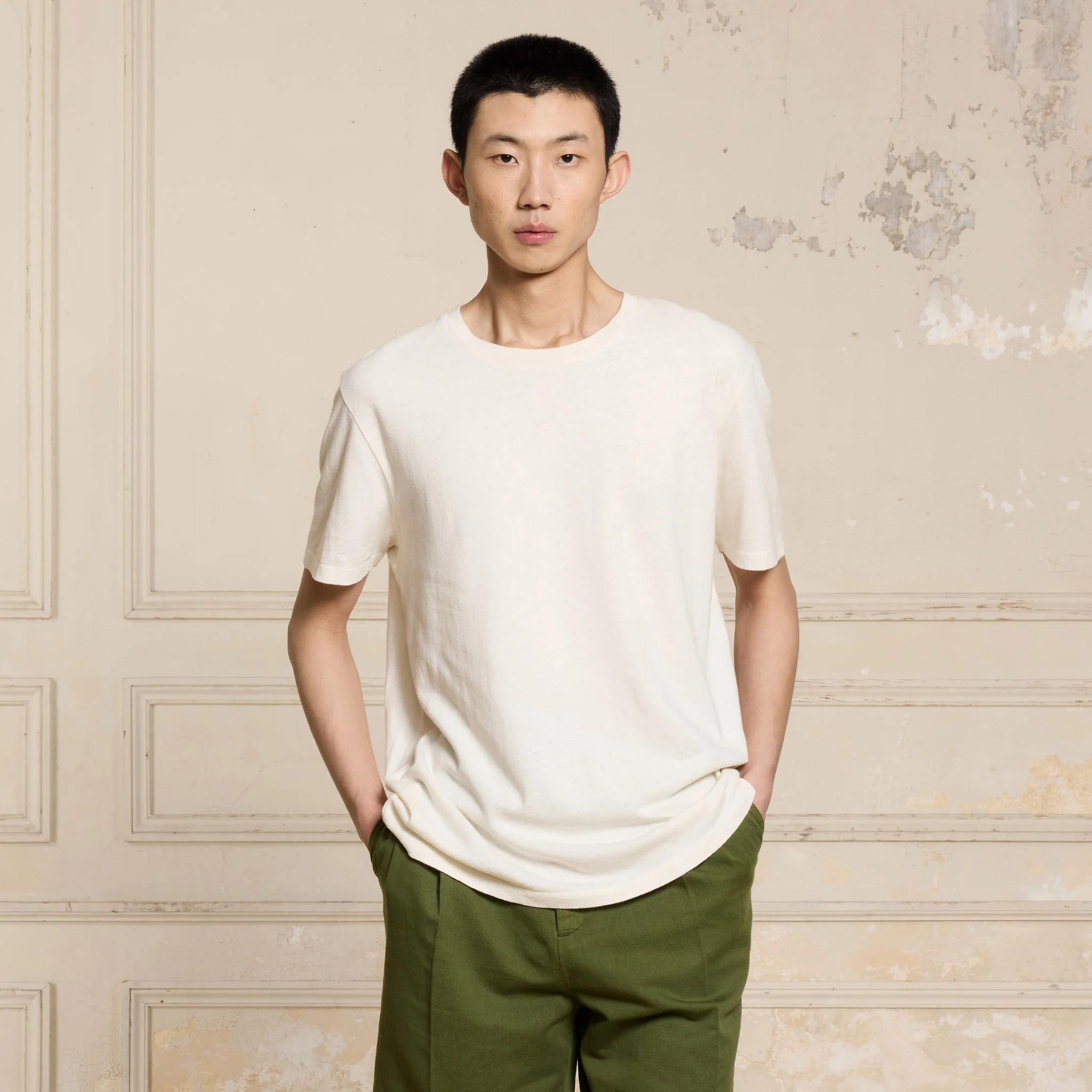 Ecru cotton and linen T-shirt