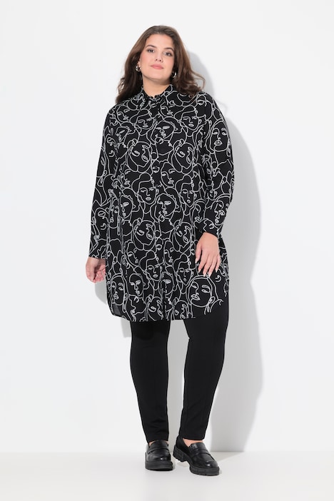 Longbluse, Gesichter, A-Linie, Hemdkragen, Langarm