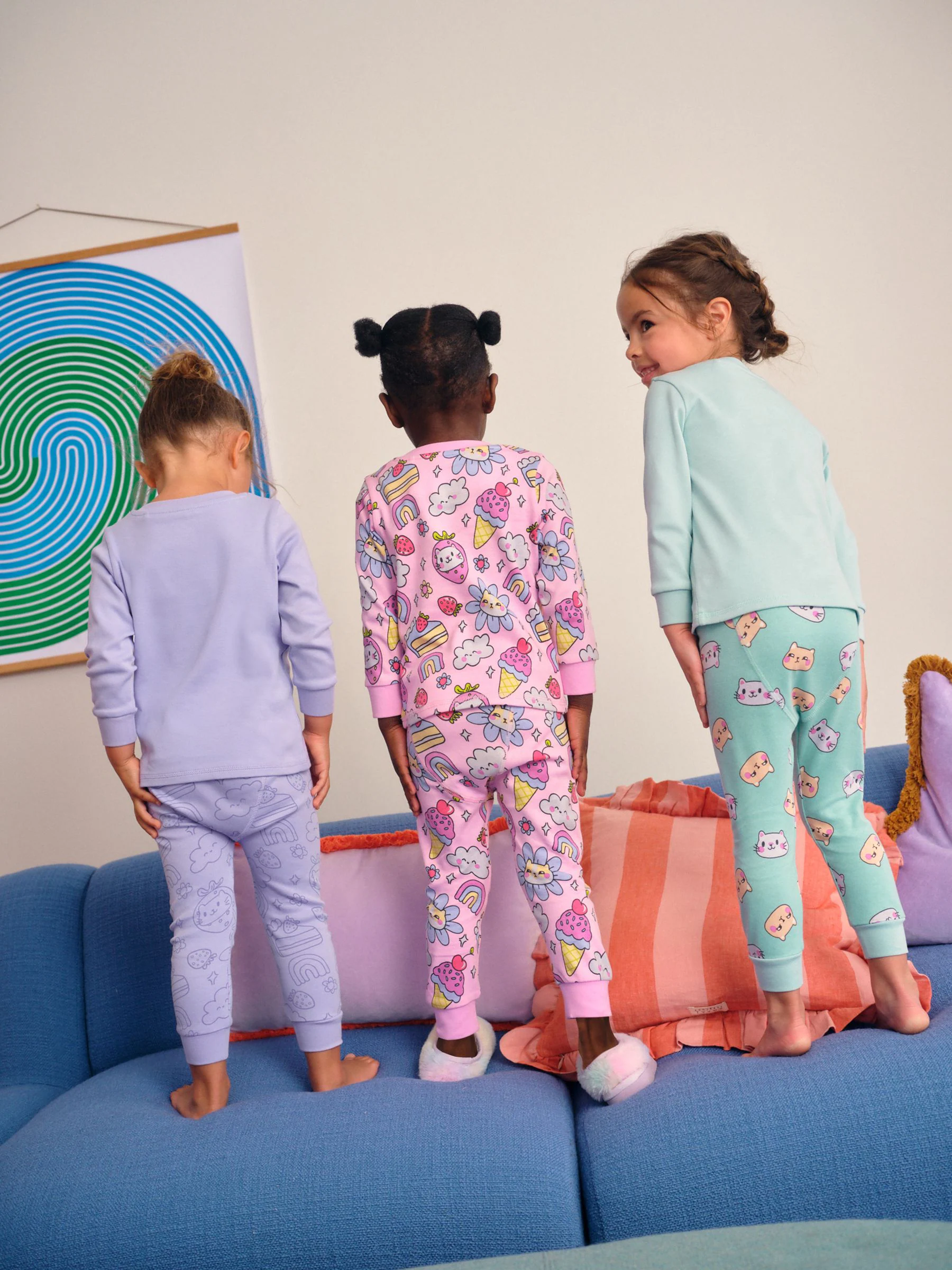 Paarse kattenprint - Verpakking van 3 knusse pyjama's (9 mnd-10 jr)