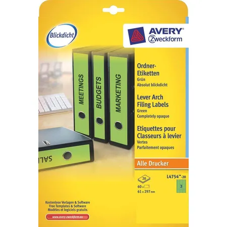 Avery Zweckform L4754-20 Ordnerrücken Etiketten A4, mit ultragrip, 61 x 297 mm, breit/lang, 20 Bogen/60 Etiketten, grün