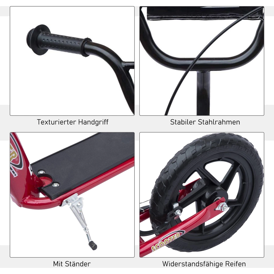 HOMCOM Kinderroller Anti-Rutsch Trittfläche, Metallfahrradständer zum Parken, rot