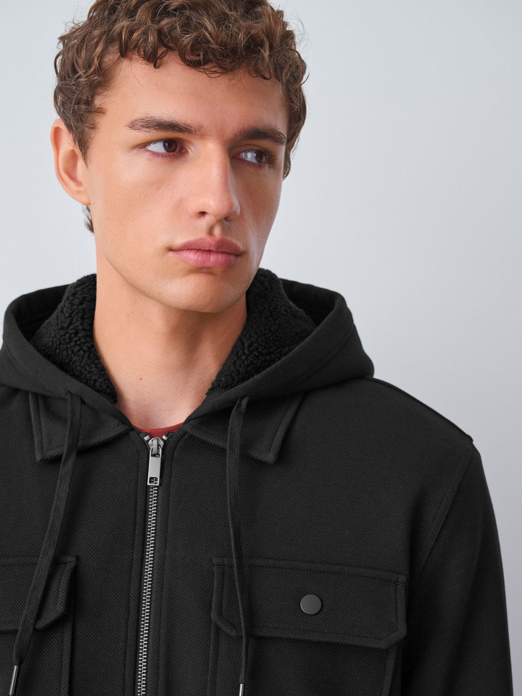 Zwart - Mat capuchon - Borg overshirt met fleecevoering