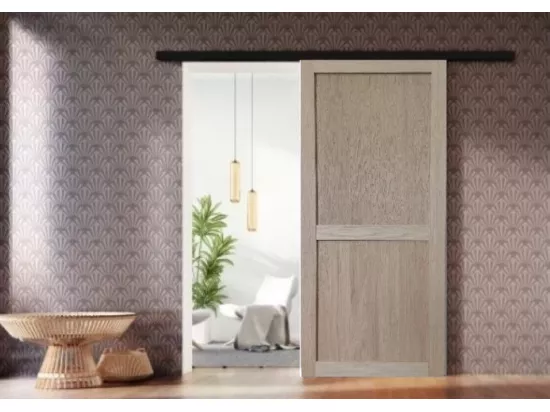 Porte Coulissante Atelier 2 Panneaux Chene H204 X L73 + Rail Alu Bandeau Noir Et 2 Coquilles Gd Menuiseries