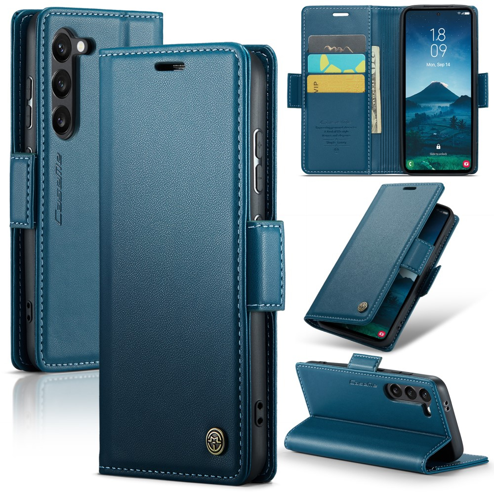 Samsung Galaxy S25 Leder Tasche Flip Wallet Etui mit Kartenfächern Litchi Look (RFID Schutz) - Blaugrün