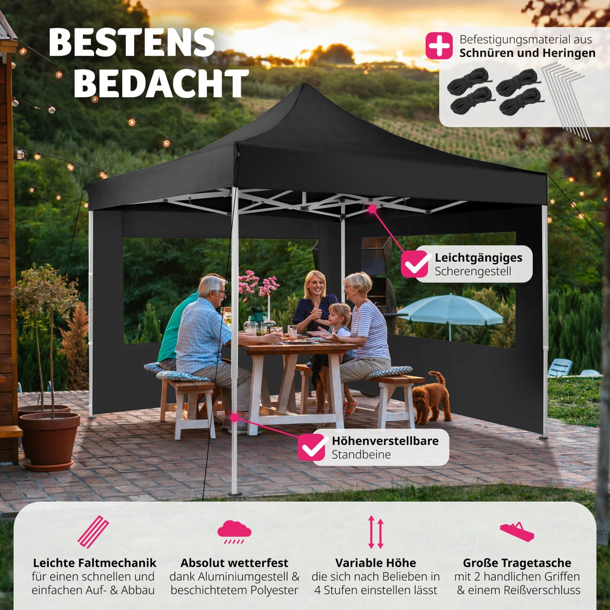 tectake Olivia paviljoen, 3 x 3 m, met aluminium frame inclusief scheerlijnen, haringen en draagtas