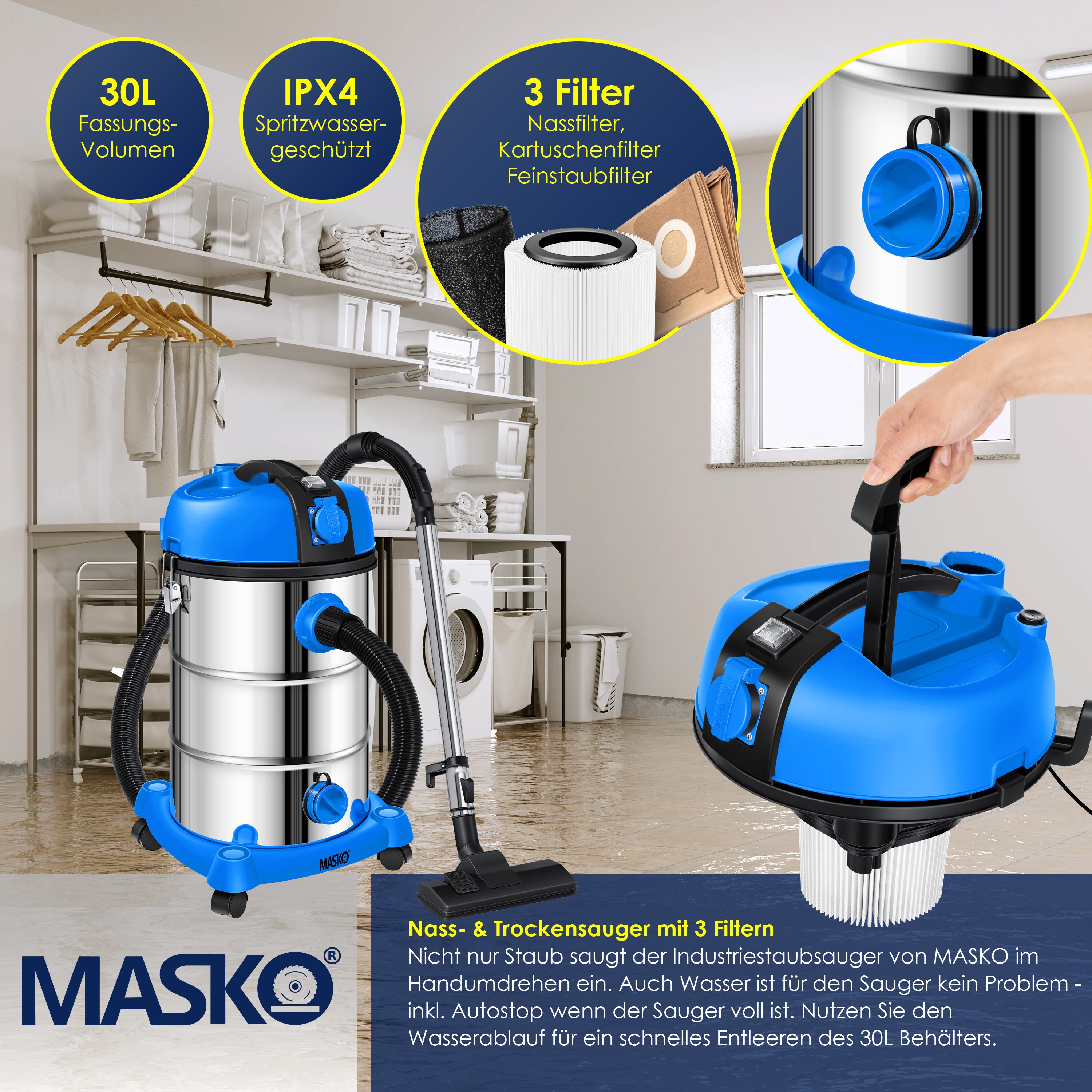 MASKO® Industriestaubsauger Staubsauger Nass Trocken Sauger Edelstahl 2300W + Steckdose | Blasfunktion | Trocken-Saugen & Nass-Saugen | Push&Clean | Industrie-Sauger mit & ohne Beutel | beutellos
