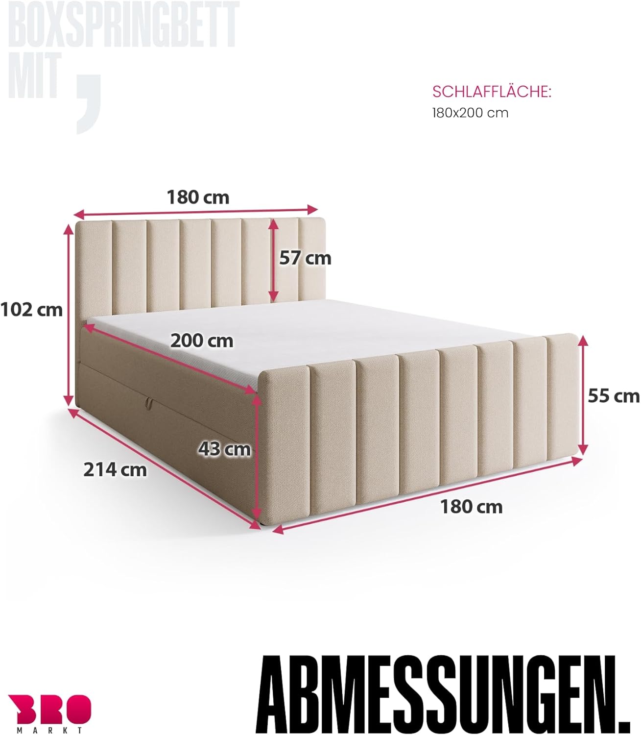 BROMARKT Boxspringbett mit Matratze Bett 180x200 Beige Doppelbett mit Topper Boxbett mit Stauraum Polsterbett mit Bettkasten Kopfteil Denver Duo Härtegrad H3