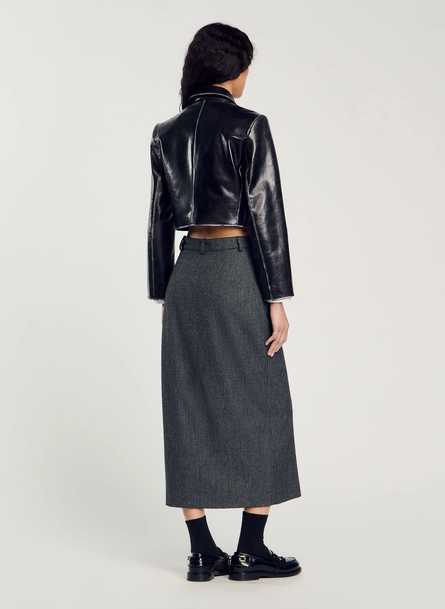 Veste en cuir courte col tailleur | Noir