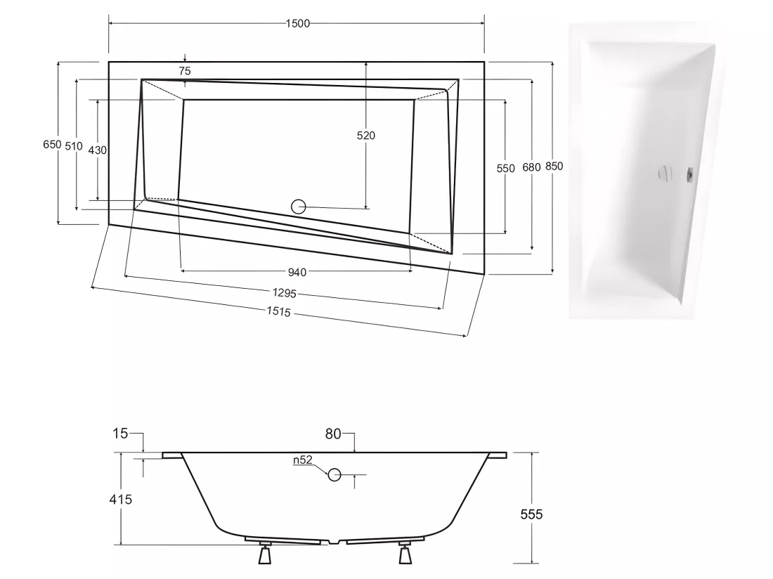 Baignoire asymétrique blanche encastrée + repose tête - INTIMA SLIM - 150 x 85 cm - droite