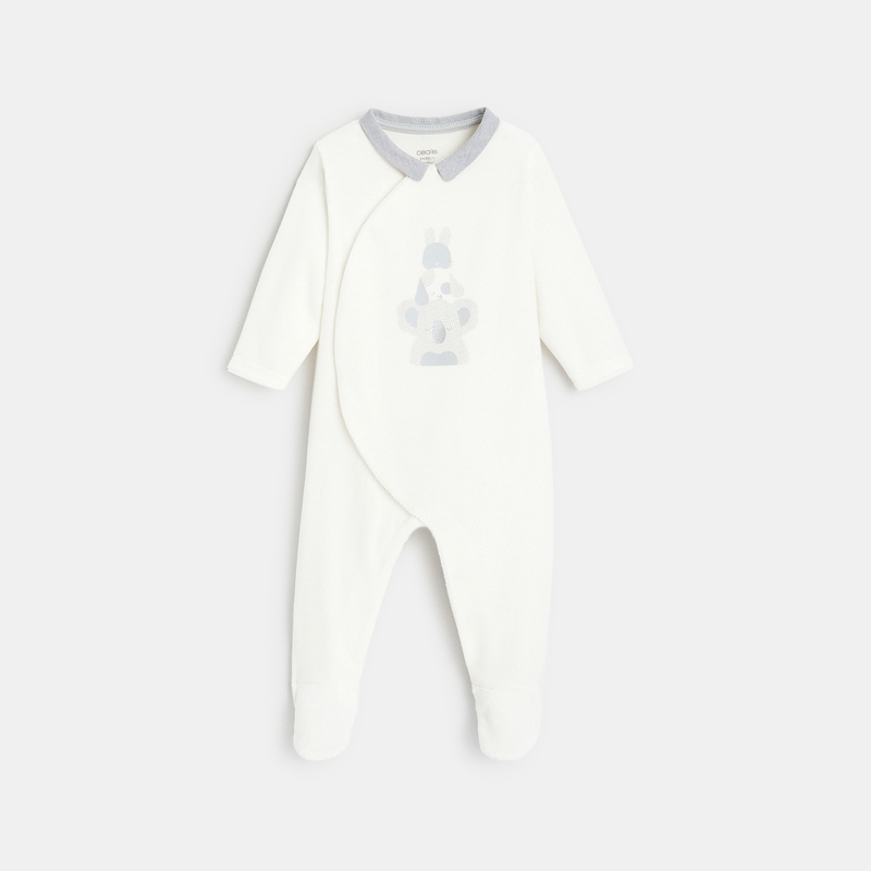 Dors-bien velours animaux col chambray blanc naissance