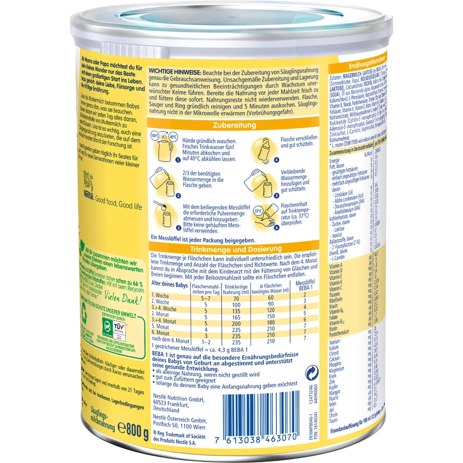 Nestlé BEBA 1 Anfangsmilch 6 x 800 g ab der Geburt
