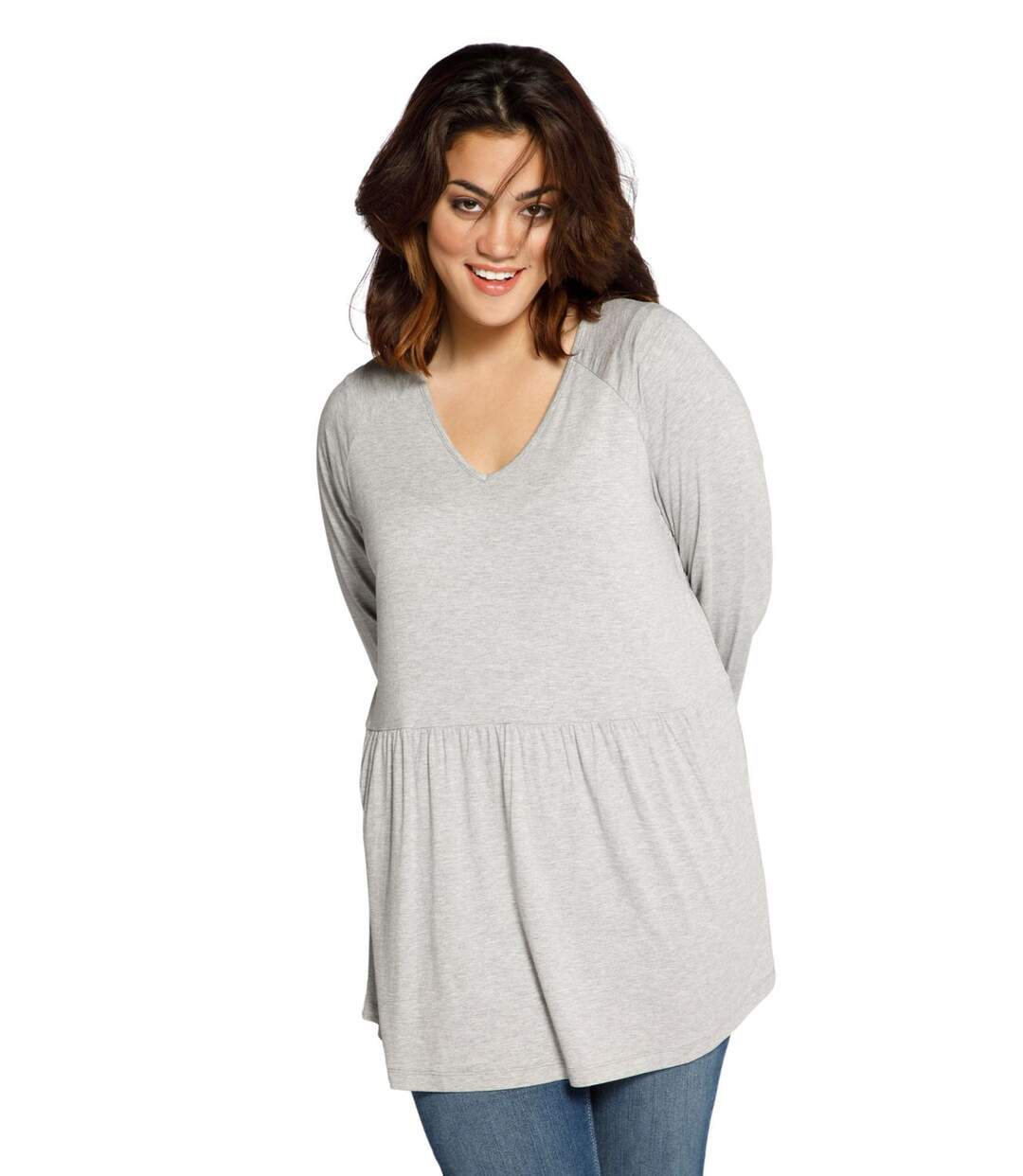 ULLA POPKEN Chemise Couture transversale A-Line Encolure en V Manches 3/4 Gris clair mélangé NEUF