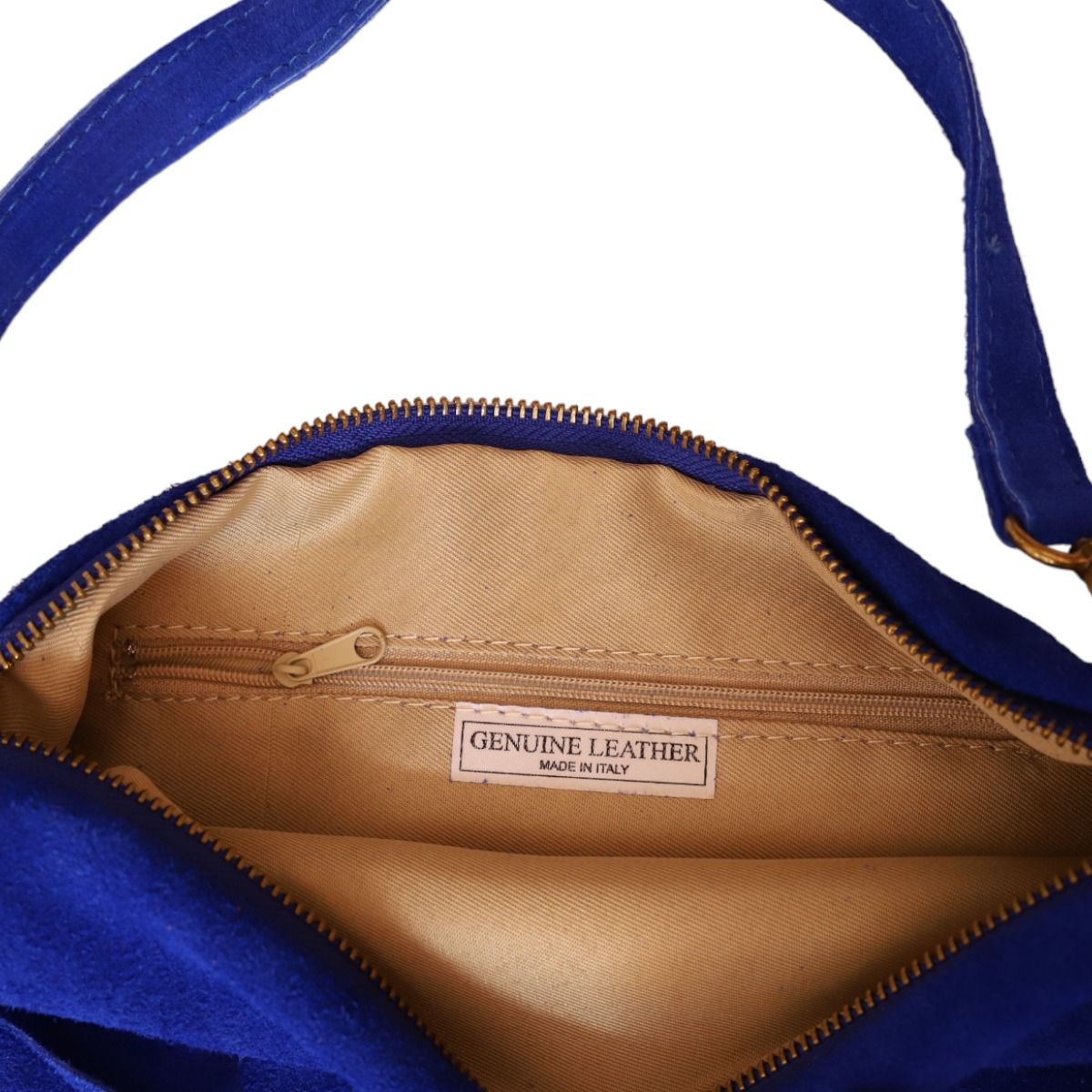 Sac à mains à franges daim bleu majorelle Maison Suzanne