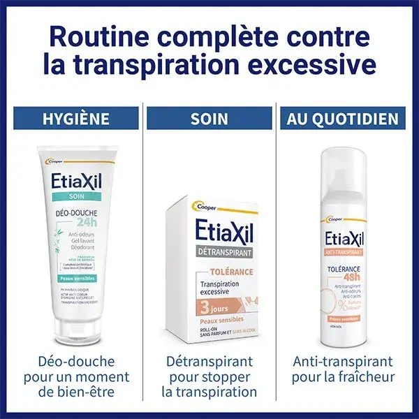 Antitranspirante Etiaxil para transpiração moderada nas axilas, tolerância de 48 horas, 2 aerossóis de 150 ml.