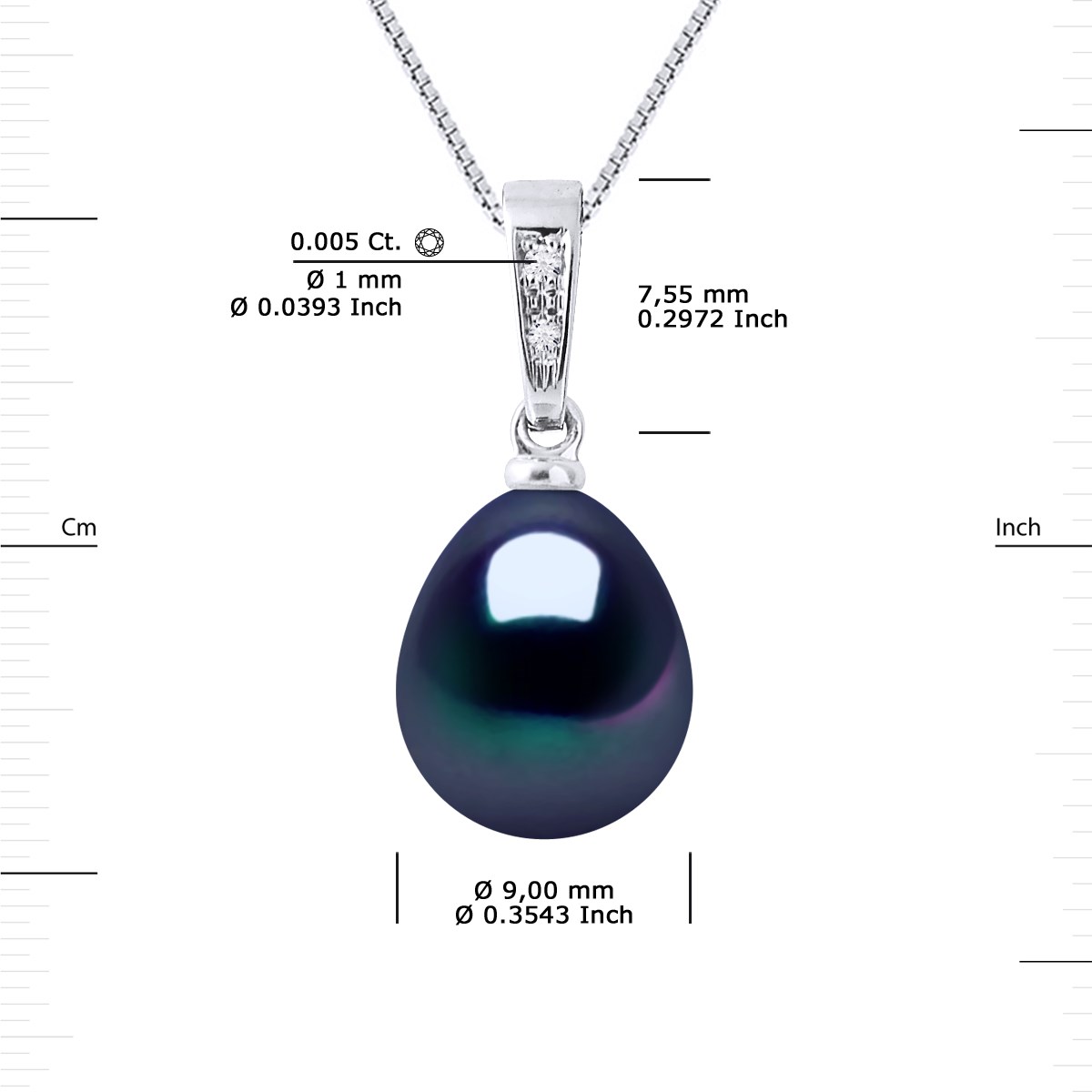 Pendentif Joaillerie Diamants 0,01 Cts - Véritable Perle de Culture d'Eau Douce Poire 9-10 mm - Black Tahiti - Or Blanc