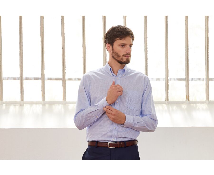 Chemise twill blanc à petits carreaux bleu - STELLAN