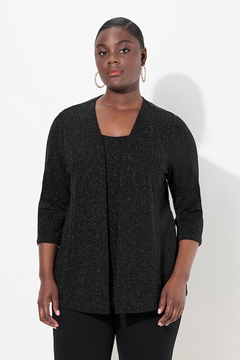2-in-1-Blusenshirt, Glitzer, V-Ausschnitt, 3/4-Arm