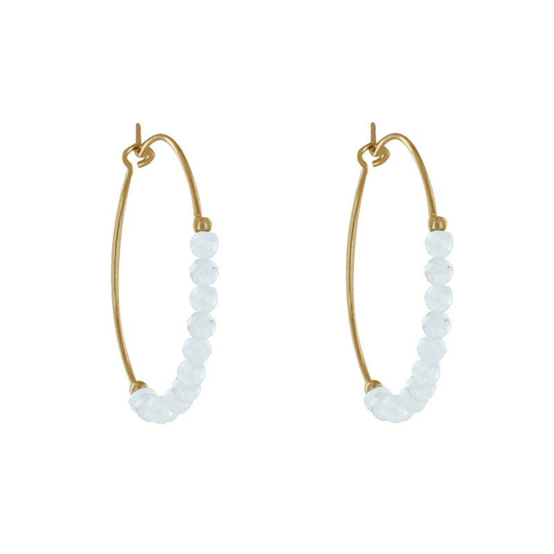 Boucles d'Oreilles Plaqué Or Créoles Perles Facettées de Pierre de Lune