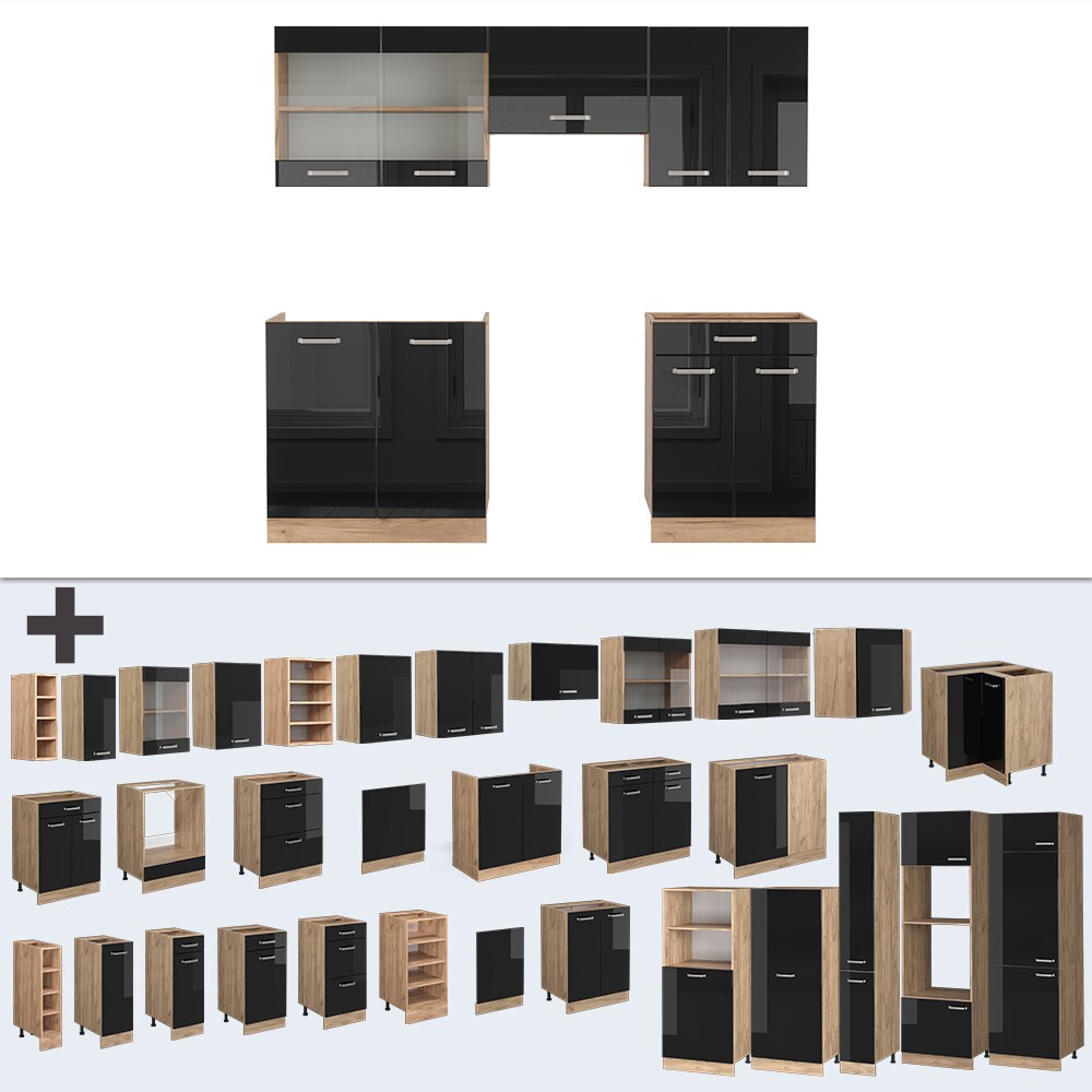 Vicco Küchenzeile R-Line Solid Eiche Schwarz 200 cm modern Küchenschränke Küchenmöbel