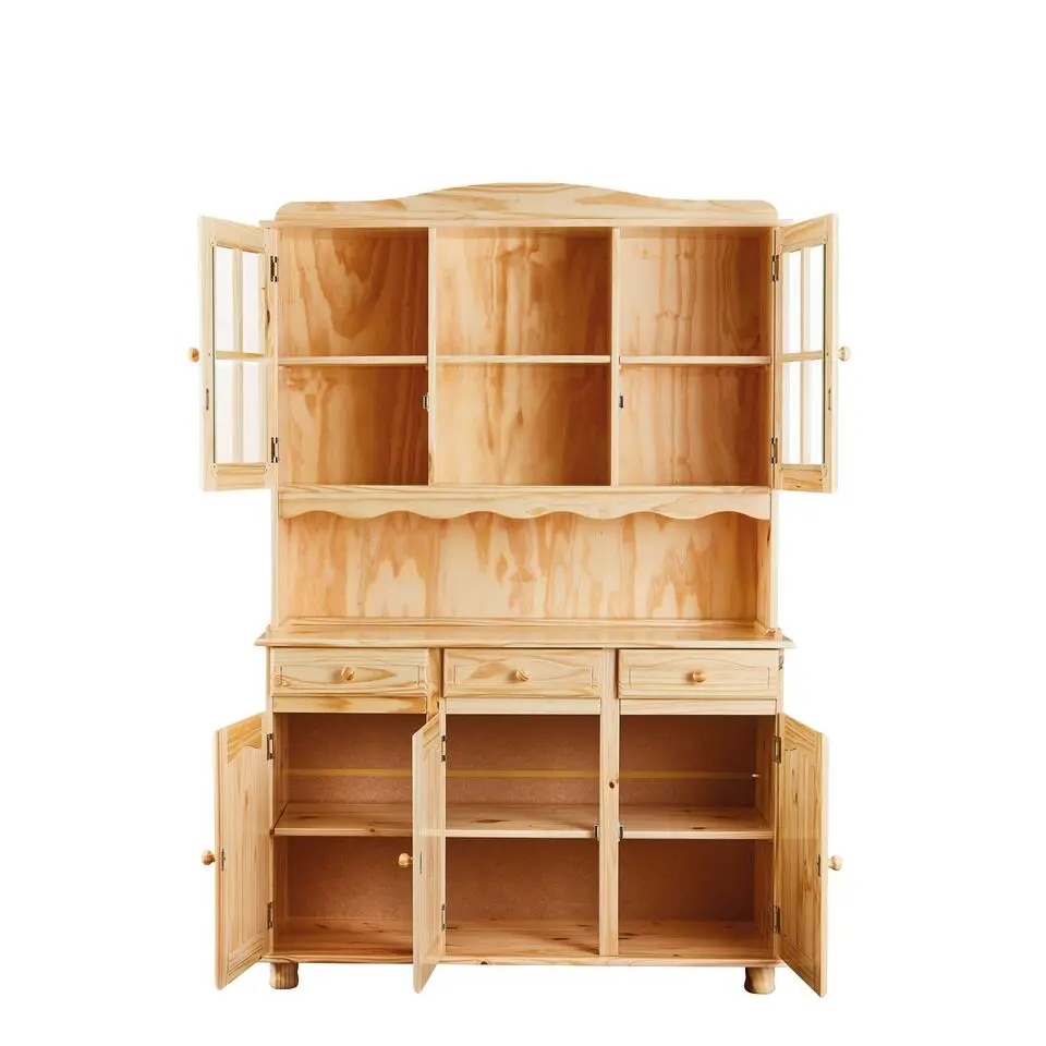 Hioshop Toswa vitrinekast 3 deuren- 2 glazen deuren- 3 lades- 2 open ruimtes