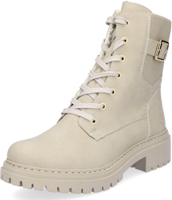 Veterschoenen - Beige - Profielzool - Stretch aan Schacht - Blokhak - Rond
