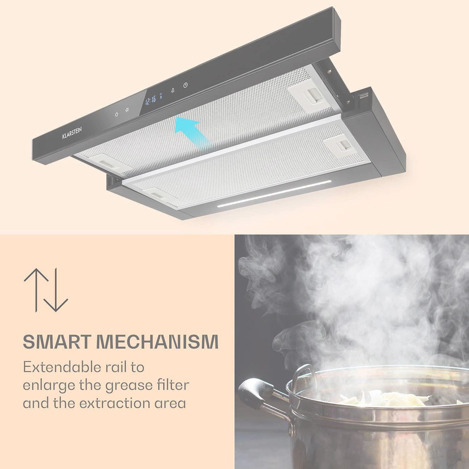 Klarstein Mariana Neo 60 Dunstabzugshaube, 60 cm, EEK A, 640 m³/h, Umluft & Abluft, LC-Display, Timer, Touch-Panel, LED, Flachschirmhaube, Teleskophaube, Unterbau-Dunstabzugshaube, Glasfront, schwarz