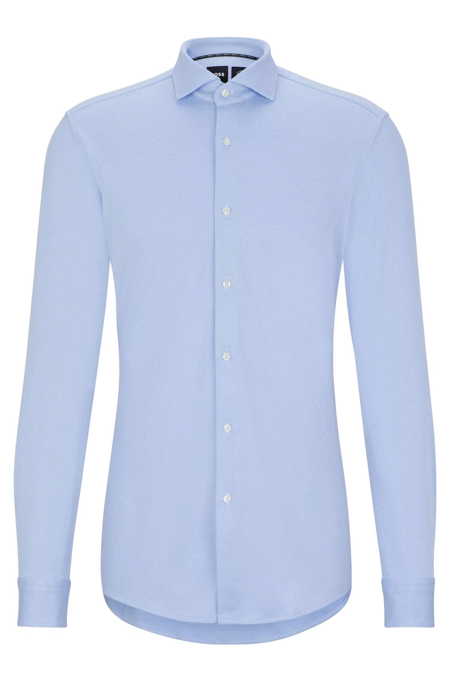Camisa BOSS preta de corte slim em jérsei estruturado de alta performance com elasticidade.