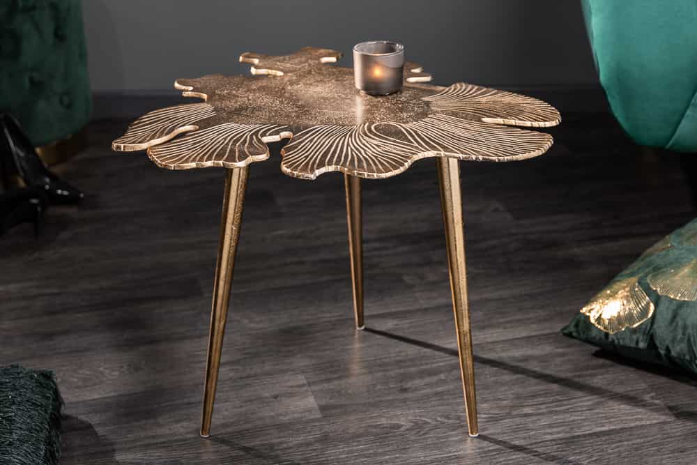 Handgearbeiteter Couchtisch ABSTRACT LEAF 60cm gold filigranes Blatt Design