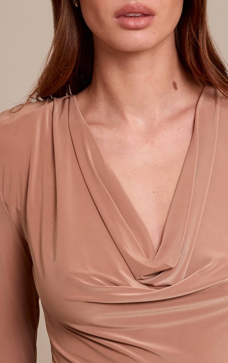 Marron Body À Manches Longues Col Bénitier Double Couche En Tissu Slinky