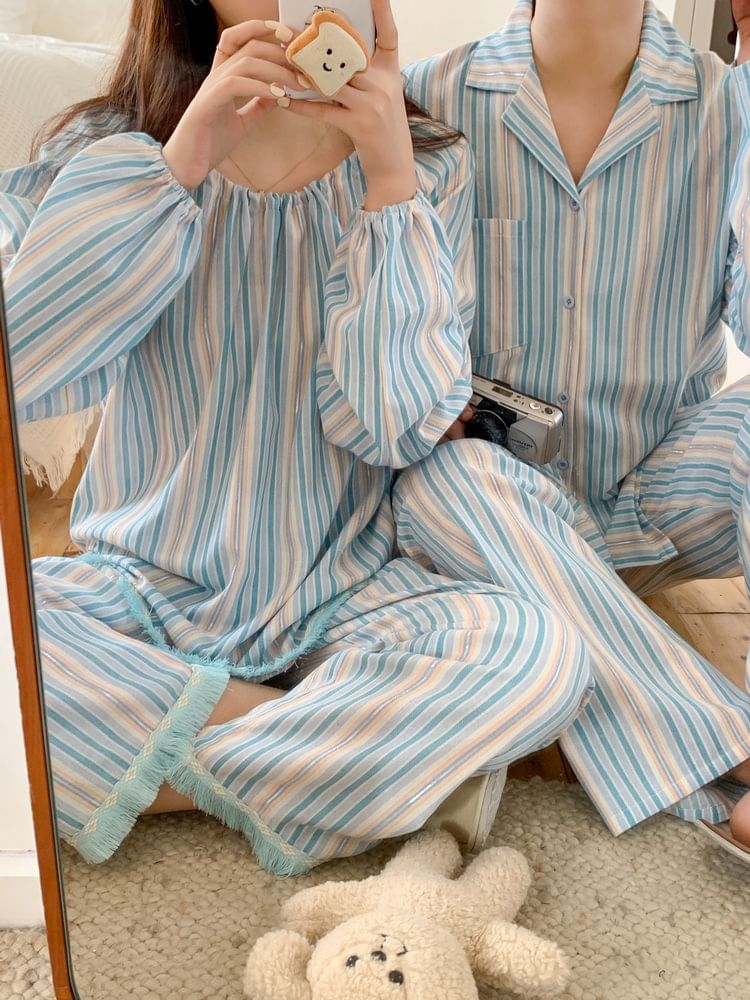 Tanee - Pyjamaset: gestreepte blouse met pofmouwen + broek