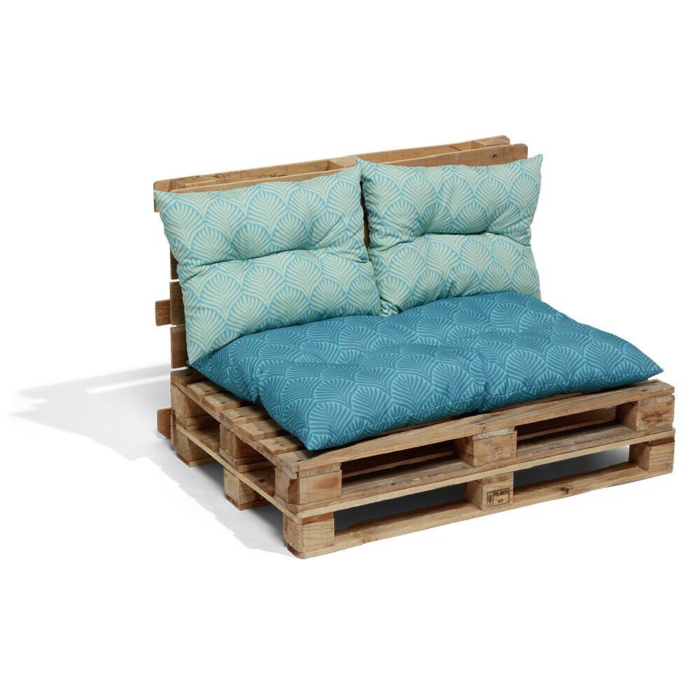 Ensemble de 3 coussins palette polycoton bleu motif feuille de palmier