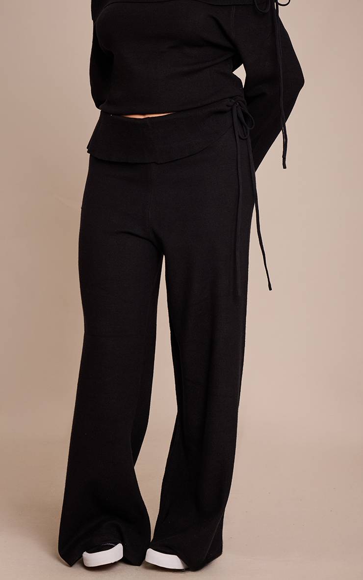 Noir Pantalon Large En Maille Avec Taille Repliée Et Liens Latéraux Plus