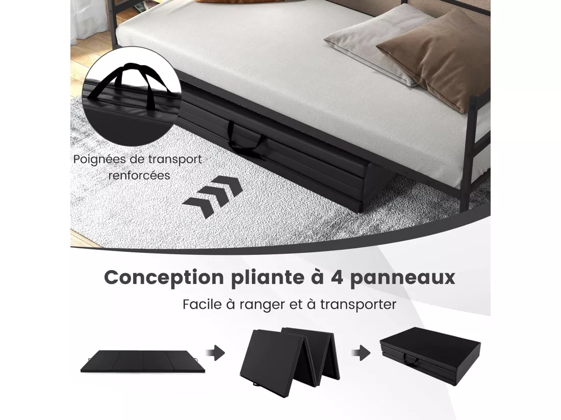 Tapis de Gymnastique Pliable à 4 Plis Epais, Matelas d'Entrainement en Mousse et PU avec Poignées Attaches Auto-agrippantes, pour Gymnastes Entraînements Yoga 300x117x5CM, Noir