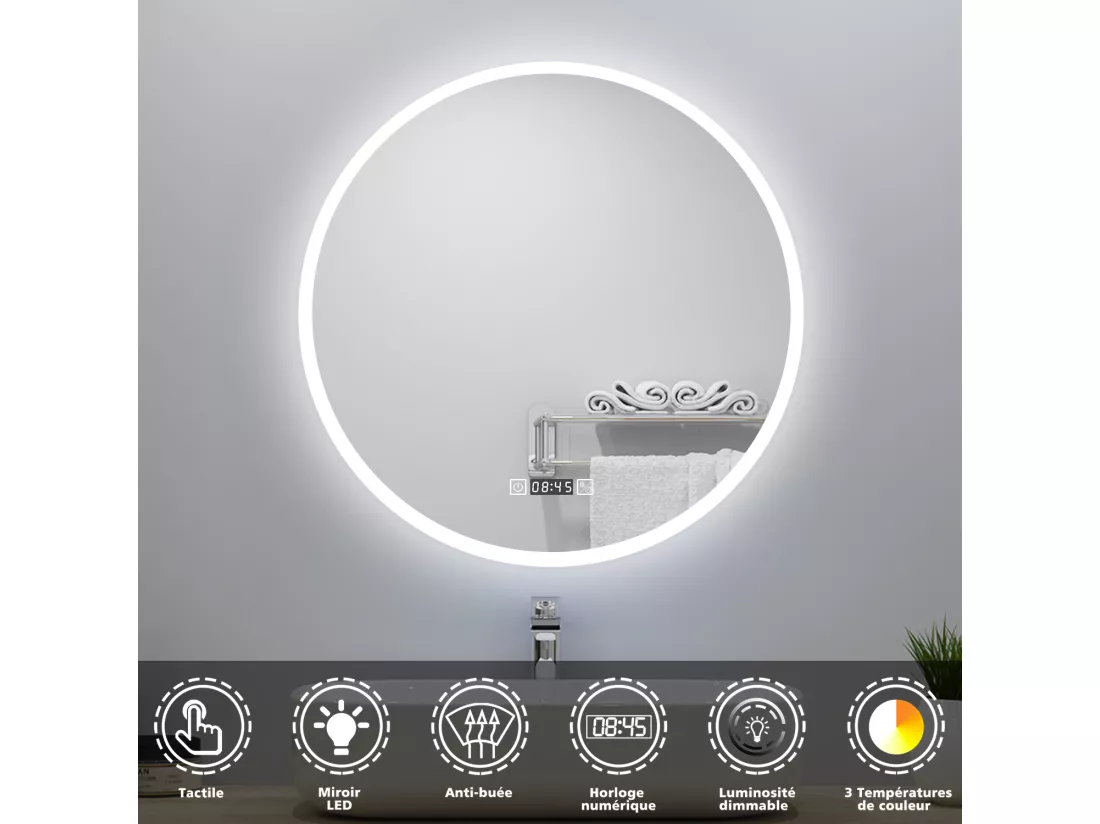 Miroir de salle de bain lumineux Rond 70cm avec Horloge + 3 Couleurs + Dimmable + Anti-buée