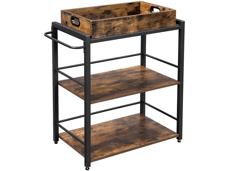 VASAGLE Bartrolley mit Tablett 65 x 86 cm, Braun/Schwarz Servierwagen auf Rollen