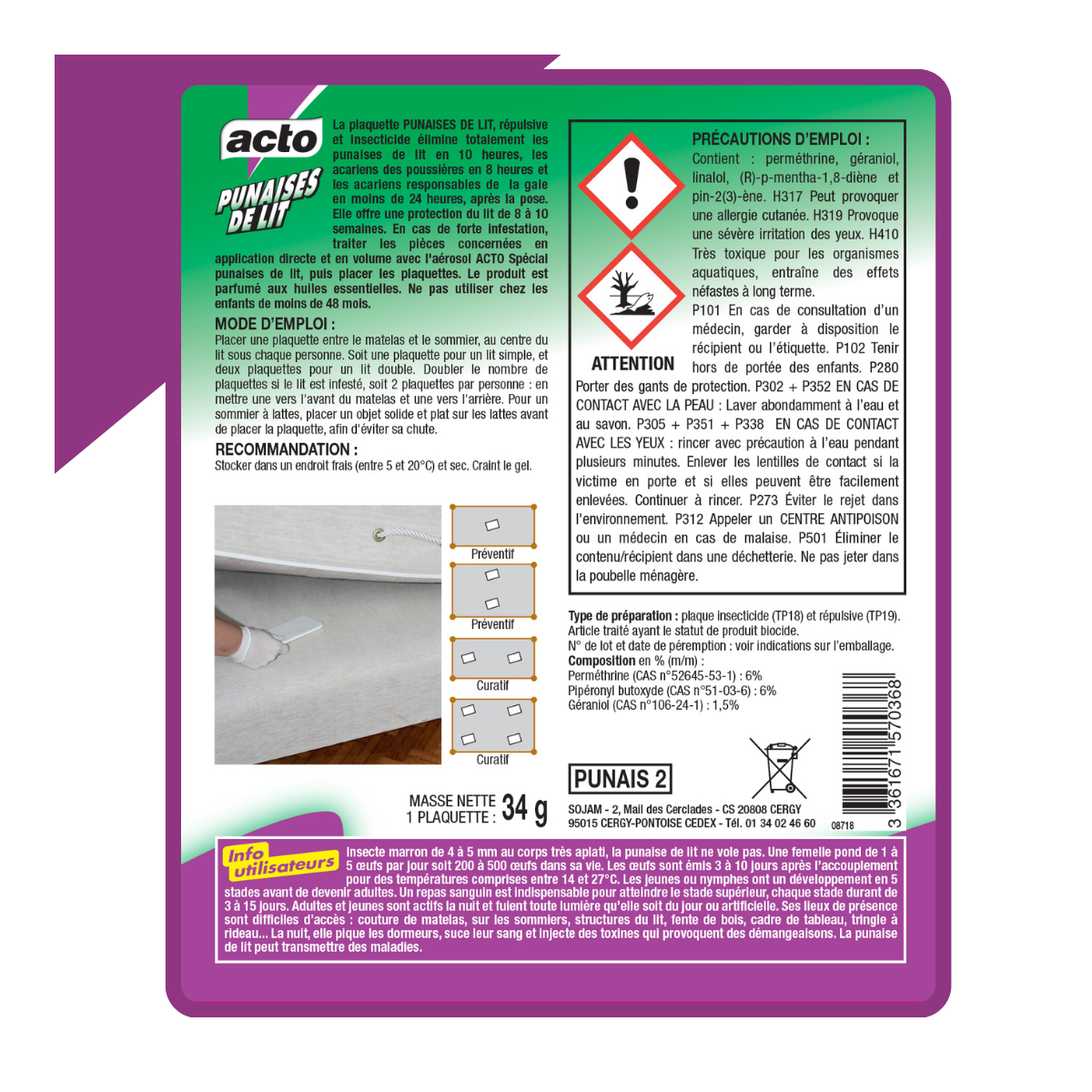 Acto plaquette punaises de lit - répulsive et insecticide