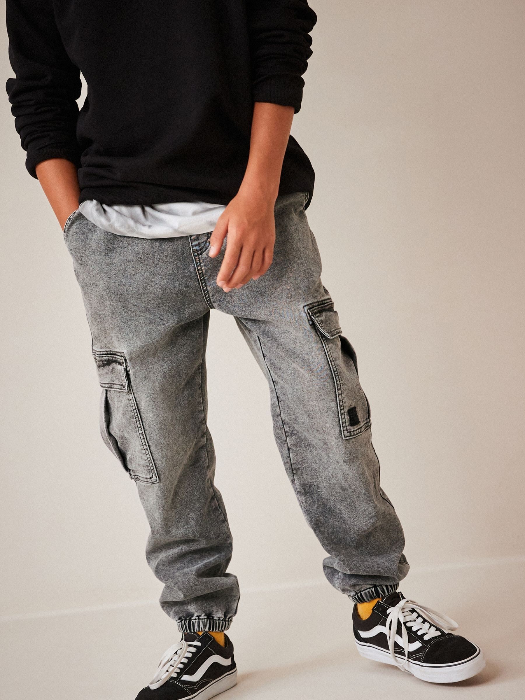 Grijs - Cargo jeans met elastische taille (3-16 jr)