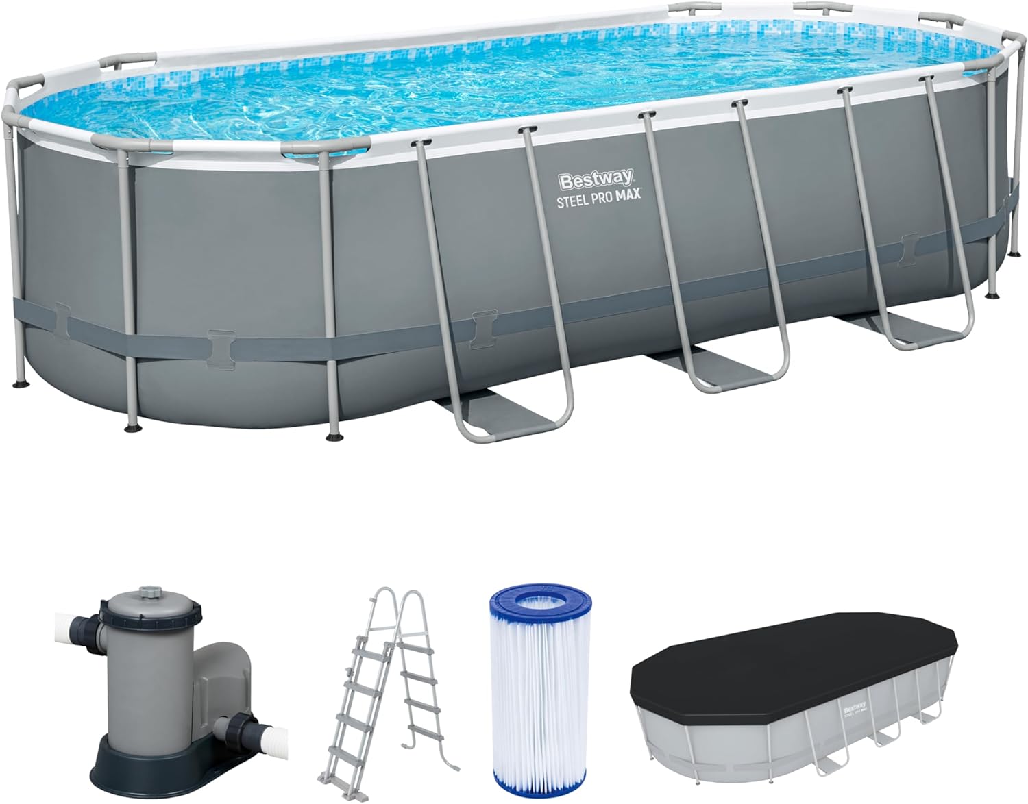 Bestway Steel Pro MAX Frame Pool Komplett-Set, 549 x 274 x 122 cm, 13.430 L, TriTech-Material, Filterpumpe, Sicherheitsleiter, Abdeckplane, Fliesenmosaik, einfacher Aufbau, langlebiger Stahlrahmen
