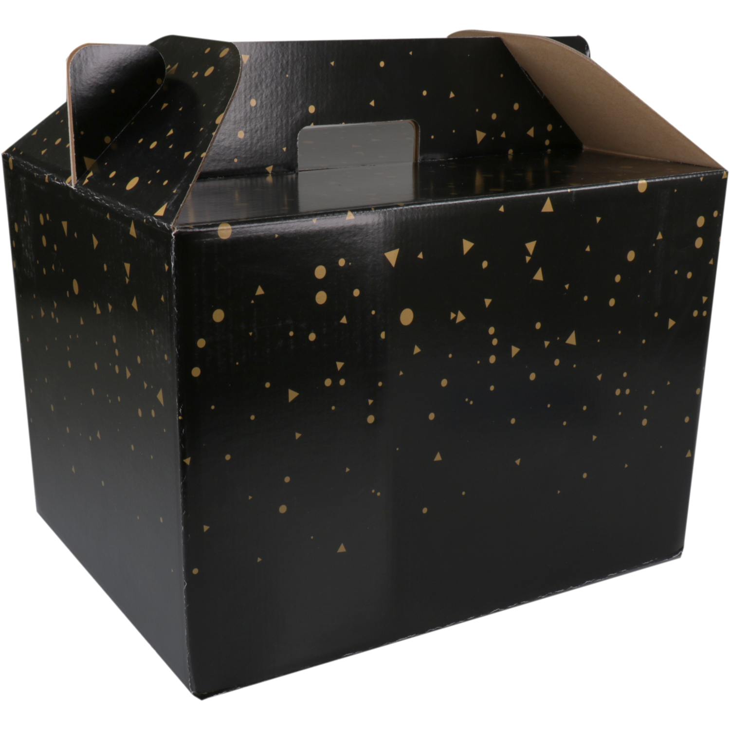 Maaltijdbezorgbox, Sparkling stars, golfkarton, 370x275x250mm, zwart/goud