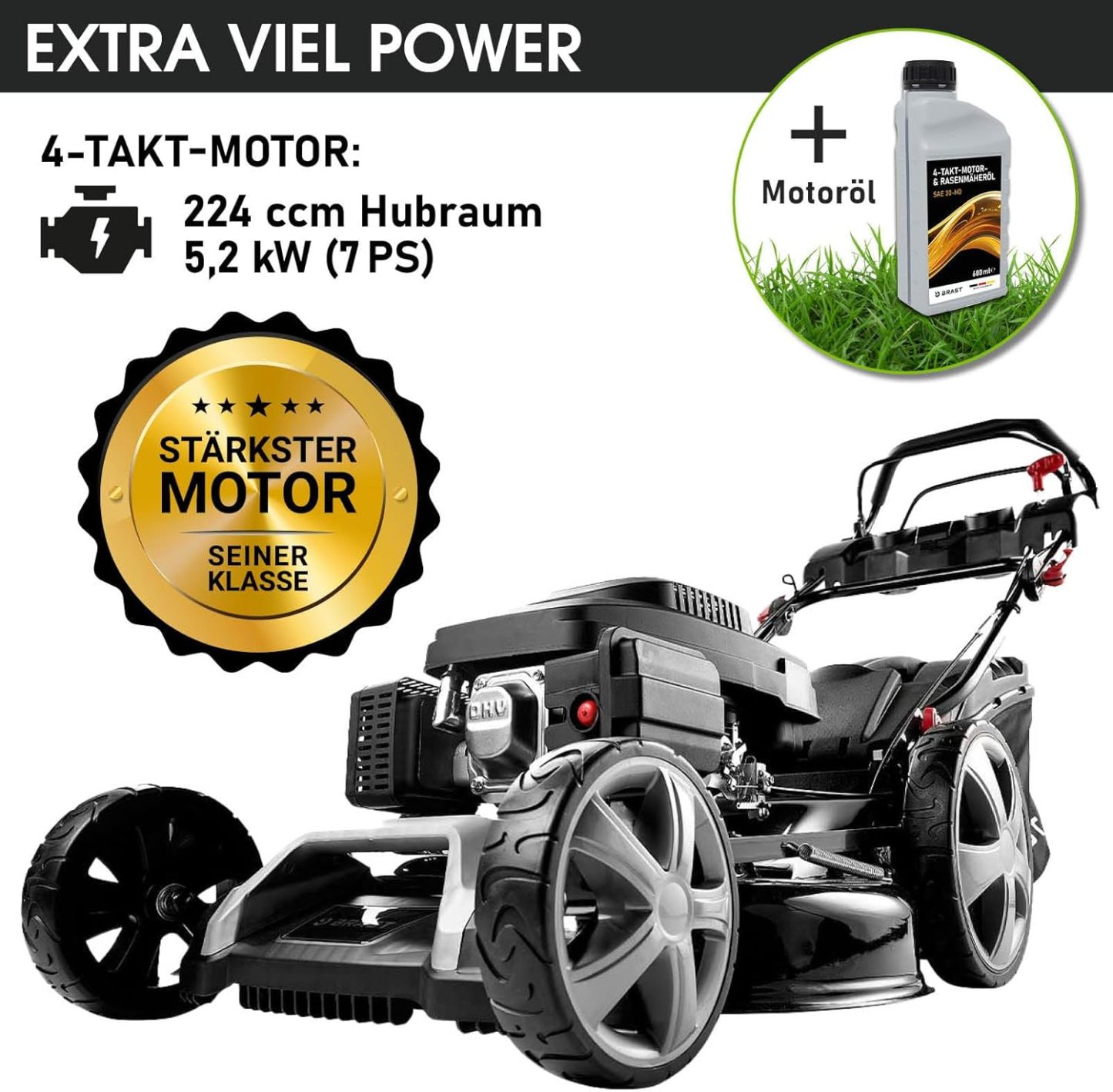 BRAST Benzin Rasenmäher mit Antrieb | 5,2kW (7PS) | 55cm Schnittbreite | viele Modelle | TÜV | 30-80mm Schnitthöhe | 60L Fangkorb | 4 Takt OHV Motor | Stahlgehäuse | Power