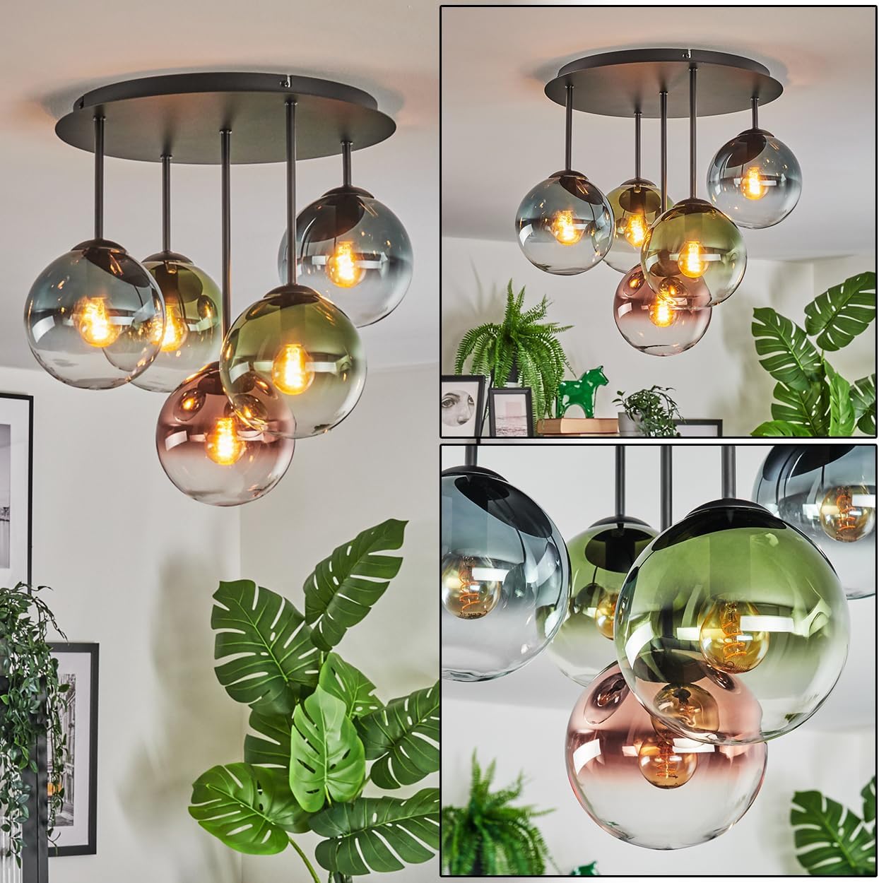 HOFSTEIN Deckenleuchte Gastor, 5-flammige Deckenlampe aus Metall/Glas in Schwarz/Blau/Grün/Kupfer/Klar, Leuchte im Retro/Vintage-Design (Schirme Ø 15 cm), E14, Esszimmer, Wohnzimmer, Schlafzimmer
