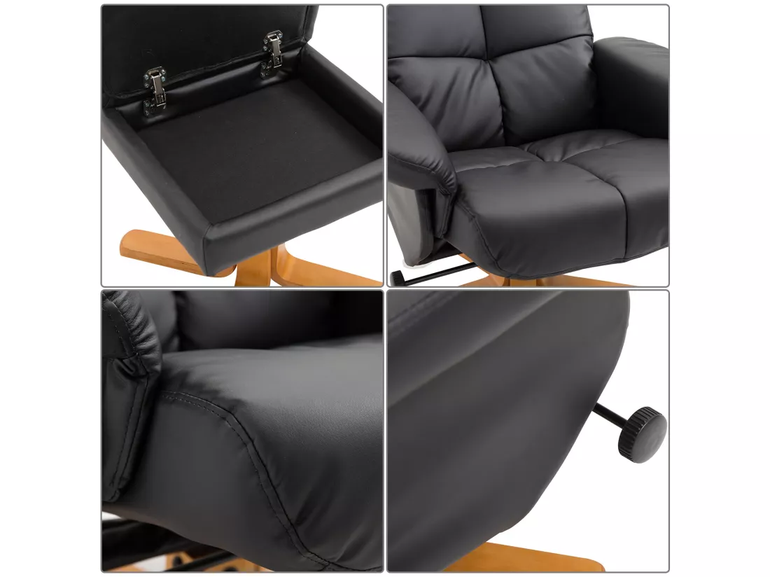 Fauteuil relax inclinable style contemporain repose-pieds coffre rangement revêtement synthétique acier bois noir