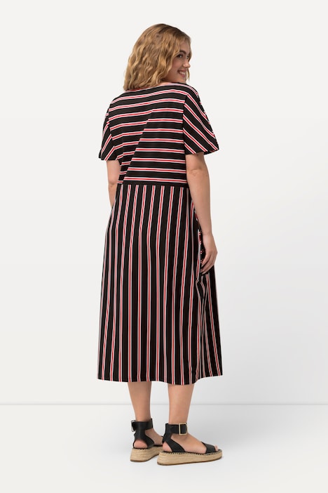 Jersey-Midikleid, Streifen, Oversized, Rundhals, Halbarm