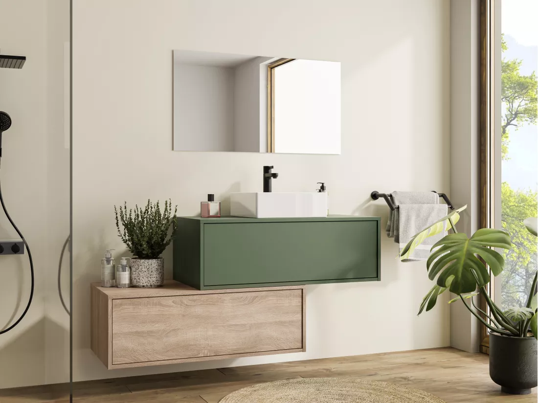 Meuble de salle de bain suspendu vert et naturel clair avec simple vasque carrée et deux tiroirs - 94 cm - TEANA II