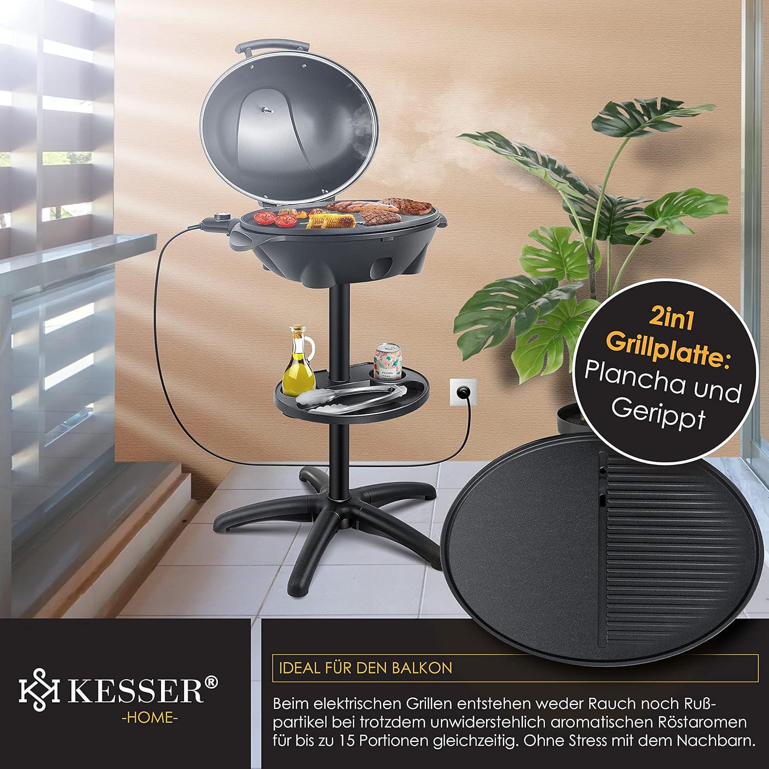 KESSER® elektrischer Elektrogrill 2in1 Tischgrill - Standgrill mit Deckel Standfuß | max. 2400 Watt Thermometer | Antihaftbeschichtung | XXL Grillplatte | integrierte Ablagefläche Elektro-Säulengrill